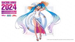 Rule 34 | 1girl, :d, aqua hair, armpits, bow, bracelet, breasts, brown footwear, character name, clothing cutout, copyright name, english text, footwear bow, full body, goodsmile racing, gradient hair, hat, hatsune miku, holding, holding swim ring, innertube, jewelry, logo, long hair, medium breasts, mogumo, multicolored hair, official art, one-piece swimsuit, open mouth, pink hair, racing miku, racing miku (2024), sarong, second-party source, smile, solo, square, standing, straw hat, super gt, swim ring, swimsuit, tan, teeth, thighs, toes, tongue, twintails, upper teeth only, v, very long hair, vocaloid, white bow, white one-piece swimsuit, white sarong