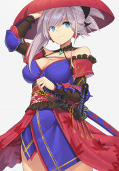 Rule 34 | 1girl, asymmetrical hair, blue eyes, blue kimono, blush, breasts, cleavage, commentary request, earrings, fate/grand order, fate (series), hair ornament, hat, highres, japanese clothes, jewelry, katana, kimono, large breasts, long hair, miyamoto musashi (fate), miyamoto musashi (second ascension) (fate), obi, pink hair, ponytail, red hat, sash, sheath, sheathed, simple background, sleeveless, sleeveless kimono, smile, solo, suiroh (shideoukami), sword, weapon, white background