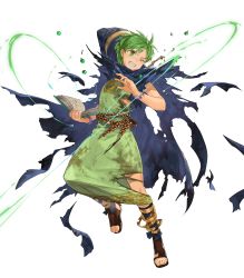 Rule 34 | 1boy, belt, book, bracelet, cape, feet, fire emblem, fire emblem: mystery of the emblem, fire emblem heroes, full body, green eyes, green hair, highres, holding, holding book, hood, jewelry, leaf, male focus, matching hair/eyes, mayo (becky2006), merric (fire emblem), nintendo, official art, one eye closed, sandals, solo, teeth, toes, torn clothes, transparent background, wizard, aged down