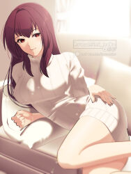 Rule 34 | 1girl, breasts, couch, fate/grand order, fate (series), hair intakes, indoors, large breasts, looking at viewer, naomi gumbs (hanamimi), pillow, purple hair, red eyes, ribbed sweater, scathach (fate), smile, solo, sweater, turtleneck, turtleneck sweater