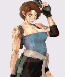 Rule 34 | 1girl, bare shoulders, blood, blood on face, blue eyes, breasts, brown hair, crop top, gun, highres, holding, holding gun, holding weapon, jill valentine, large breasts, looking at viewer, muscular, resident evil, short hair, skirt, standing, straight hair, weapon, yoracrab