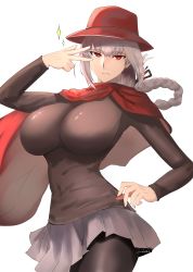 Rule 34 | 1girl, absurdres, breasts, brown pantyhose, brown shirt, commission, fate/grand order, fate (series), florence nightingale (fate), florence nightingale (traveling outfit) (fate), grey skirt, hat, heroic spirit traveling outfit, highres, kasumi saika, large breasts, long hair, long sleeves, looking at viewer, pantyhose, pink hair, red eyes, red hat, red scarf, scarf, shirt, simple background, skeb commission, skirt, solo, sparkle, w, white background