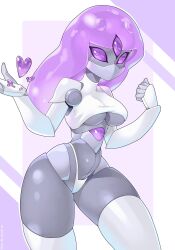 Rule 34 | 1girl, azu (yu de ta ya tu), breasts, clenched hand, commentary, commission, heart, highres, humanoid robot, looking to the side, medium breasts, open hand, original, purple eyes, purple hair, robot, skeb commission, skindentation, solo, thighhighs, third eye, twitter username, underboob, white thighhighs