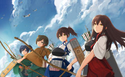 Rule 34 | 10s, 4girls, aircraft, aircraft carrier, airplane, akagi (kancolle), arrow (projectile), blue eyes, blue hair, blue skirt, bow (weapon), brown eyes, brown gloves, brown hair, closed mouth, day, fingerless gloves, gloves, green skirt, hiryuu (kancolle), kaga (kancolle), kantai collection, long hair, military, military vehicle, multiple girls, muneate, pleated skirt, quiver, red skirt, ship, short hair, short sleeves, side ponytail, skirt, sky, souryuu (kancolle), twintails, warship, watercraft, weapon, wide sleeves, yingji (zszero)