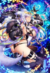 Rule 34 | 1girl, age of ishtaria, animal ears, arm up, ass, bare shoulders, belt, belt collar, black belt, black footwear, black gloves, black jacket, collar, crescent moon, fox tail, full body, fur-trimmed jacket, fur trim, gloves, grey hair, hair ornament, highres, jacket, looking at viewer, looking back, managarmr (age of ishtaria), moon, multicolored hair, munlu (wolupus), off shoulder, open clothes, open jacket, orange hair, purple eyes, shiny clothes, solo, squatting, tail, thigh strap, two-tone hair