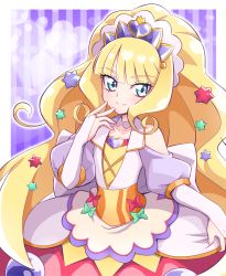Rule 34 | 1girl, apron, bare shoulders, blonde hair, blush, brooch, corset, cure finale, delicious party precure, dress, gauntlets, hair between eyes, hair ornament, heart, heart background, heart brooch, highres, jewelry, kasai amane, long hair, looking at viewer, multicolored clothes, precure, purple background, smile, solo, star (symbol), star hair ornament, tiara, usoco, white background