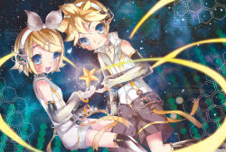 Rule 34 | 1boy, 1girl, blonde hair, blush, bow, brother and sister, hair bow, headphones, kagamine len, kagamine rin, siblings, star (symbol), tottsuan, twins, vocaloid, vocaloid append