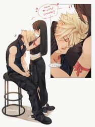 Rule 34 | 1boy, 1girl, absurdres, apron, arm ribbon, bare shoulders, black apron, black footwear, black hair, black pants, black shirt, black shorts, blonde hair, blush, breast pillow, breasts, close-up, closed eyes, closed mouth, cloud strife, commentary, couple, crop top, dimples of venus, ear blush, english text, final fantasy, final fantasy vii, final fantasy vii advent children, full body, hands on another&#039;s head, head on chest, heart, high collar, highres, long hair, looking at another, maiii (smaii i), medium breasts, on chair, on stool, pants, red eyes, red ribbon, ribbon, shirt, shorts, simple background, sitting, speech bubble, spiked hair, standing, stool, sweatdrop, symbol-only commentary, tifa lockhart, twitter username, undershirt, upper body, waist apron, white shirt