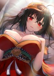 Rule 34 | 1girl, ahoge, azur lane, bare shoulders, bed sheet, black hair, blush, breasts, cleavage, hair ornament, hair ribbon, highres, japanese clothes, kimono, large breasts, long hair, looking at viewer, lying, on back, open mouth, pillow, red eyes, red kimono, ribbon, smile, solo, taihou (azur lane), twintails, west 24