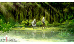 Rule 34 | 1boy, 1girl, asllence, forest, full body, grass, hands in pockets, lake, long hair, nature, pixiv fantasia, pixiv fantasia t, reflection, backpack, tree, very long hair, walking, white hair