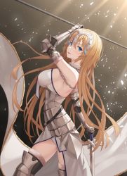 Rule 34 | 1girl, armor, armored dress, belt, blonde hair, blue eyes, breasts, chain, dress, fate/apocrypha, fate (series), faulds, flag, from side, fur-trimmed legwear, fur trim, gauntlets, greaves, hair between eyes, hand on hilt, headpiece, highres, holding, holding flag, holding sword, holding weapon, jeanne d&#039;arc (fate), jeanne d&#039;arc (ruler) (fate), jeanne d&#039;arc (third ascension) (fate), large breasts, light rays, long hair, open mouth, plackart, planted, planted sword, planted weapon, shuvi (shuvi1125), smile, solo, standard bearer, straight hair, sword, thighhighs, very long hair, weapon, white dress, zettai ryouiki