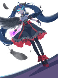 Rule 34 | 1girl, 32zzz, ankle boots, armor, black dress, black footwear, black nails, black thighhighs, black wings, blue cape, blue eyes, blue hair, boots, bow, brooch, cape, closed mouth, commentary, cure sky, cut bangs, dark cure sky, dark persona, detached sleeves, dress, dress bow, dutch angle, english commentary, expressionless, feathered wings, fingerless gloves, frilled dress, frills, gloves, glowing, glowing eyes, glowing fist, grey dress, grey gloves, highres, hirogaru sky! precure, jewelry, long hair, looking at viewer, magical girl, medium dress, multicolored hair, pantyhose, pauldrons, precure, puffy detached sleeves, puffy sleeves, revision, short dress, shoulder armor, single pauldron, single sidelock, single wing, sleeveless, sleeveless dress, solo, sora harewataru, spiked pauldrons, standing, streaked hair, thighhighs, torn cape, torn clothes, twintails, two-tone dress, very long hair, wing brooch, wing hair ornament, wings