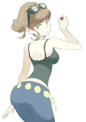 Rule 34 | 1girl, ass, beauty (pokemon), brown hair, creatures (company), game freak, glasses, green eyes, looking at viewer, looking back, nintendo, npc trainer, poke ball, pokemon, pokemon xy, simple background, solo, souji, white background