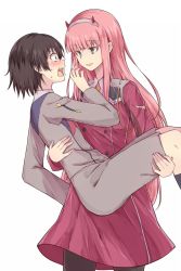 Rule 34 | 10s, 1boy, 1girl, black hair, black pantyhose, black socks, blue eyes, blush, carrying, carrying person, couple, darling in the franxx, green eyes, height difference, highres, hiro (darling in the franxx), horns, lifting person, long hair, looking at another, military, naoto (96neko96), oni horns, orange neckwear, pantyhose, pink hair, princess carry, short hair, simple background, socks, strong woman, sweat, white background, zero two (darling in the franxx)
