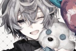 Rule 34 | 00 gx4, 1boy, ;d, bow, bowtie, button eyes, buttons, chinese commentary, grey eyes, hair between eyes, highres, light blush, looking at viewer, one eye closed, open mouth, original, short hair, smile, stuffed animal, stuffed toy, teddy bear, tongue, translated, white hair