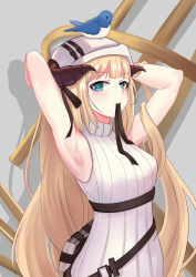 Rule 34 | 1girl, absurdres, animal, animal on head, arknights, armpits, arms up, bird, bird on head, black ribbon, blonde hair, blue eyes, blush, breasts, chinese commentary, commentary request, daisi ki, dress, grey background, highres, horns, long hair, looking at viewer, medium breasts, mouth hold, nightingale (arknights), on head, ribbon, solo, turtleneck, turtleneck dress, upper body, very long hair, white dress, white headwear