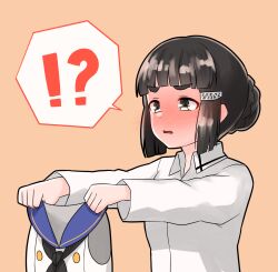 Rule 34 | !?, 1girl, black hair, black neckerchief, blush, brown background, brown eyes, buttons, collared shirt, commentary request, double-breasted, full-face blush, furaggu (frag 0416), hair bun, hair ornament, highres, holding, holding clothes, kantai collection, long sleeves, myoukou (kancolle), neckerchief, parted lips, sailor collar, shimakaze (kancolle), shirt, short hair, sleeveless, sleeveless shirt, solo, spoken interrobang, thick eyebrows, upper body, white shirt