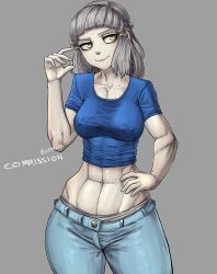 Rule 34 | 1girl, abs, blue shirt, commission, denim, fate/grand order, fate (series), grey background, hand on own hip, jeans, limn044, original, pale skin, pants, penthesilea (fate), shirt, signature, simple background, tight clothes, tight pants, tight shirt, white hair, yellow eyes