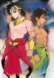 Rule 34 | 2boys, abs, armlet, arms at sides, back-to-back, black eyes, black hair, black outline, blurry, blurry background, bracelet, broly (dragon ball z), broly (dragon ball super), brown hair, chuya hukuaka, clenched hands, clothes around waist, commentary request, dark skin, dark-skinned male, dragon ball, dragon ball super, dragon ball super broly, dragonball z, dual persona, earrings, expressionless, feet out of frame, height difference, highres, hoop earrings, jewelry, looking at another, looking away, looking back, male focus, multiple boys, necklace, nipples, outline, profile, topless male, standing, tiara, time paradox, white outline, wristband