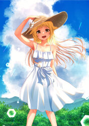 Rule 34 | 1girl, :d, blonde hair, blue sky, brown eyes, cloud, day, dress, gomasho asuka, hand on headwear, hand up, hat, highres, lens flare, long hair, looking at viewer, open mouth, original, outdoors, sky, smile, solo, standing, straw hat, sun hat, white dress, wind