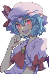 Rule 34 | 1girl, :d, blue hair, bow, dress, fang, frilled dress, frills, hat, highres, looking at viewer, mob cap, nayozane (worker7), neckerchief, open mouth, pink dress, puffy short sleeves, puffy sleeves, red bow, red eyes, red neckerchief, remilia scarlet, short hair, short sleeves, simple background, smile, solo, teeth, touhou, upper body, upper teeth only, white background, wings