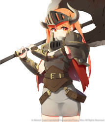 Rule 34 | 1girl, armor, armored dress, axe, battle axe, belt, blonde hair, breastplate, cape, character request, horns, huge weapon, long hair, open mouth, orange eyes, original, over shoulder, pauldrons, shoulder armor, simple background, solo, ssberit, vambraces, visor (armor), watermark, weapon, weapon over shoulder, white background