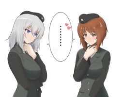 Rule 34 | ..., 2girls, beret, black headwear, black jacket, black neckwear, blue eyes, blush, brown eyes, brown hair, closed mouth, commentary request, dress shirt, emblem, frown, girls und panzer, hand on own throat, hat, heart, iteza (flapper girl 25), itsumi erika, jacket, japanese tankery league (emblem), long sleeves, looking at another, medium hair, military, military hat, military uniform, multiple girls, necktie, nishizumi miho, partial commentary, selection university military uniform, shirt, short hair, silver hair, smile, spoken blush, spoken ellipsis, spoken heart, standing, uniform, white background, white shirt, yuri