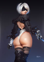 Rule 34 | 1girl, absurdres, artist request, ass, backless leotard, black footwear, black gloves, black thighhighs, blindfold, boots, closed mouth, commentary request, feather trim, from behind, gloves, gradient background, hairband, highleg, highleg leotard, highres, holding, holding sword, holding weapon, leotard, lips, looking back, nier:automata, nier (series), puffy sleeves, shiny skin, short hair, signature, solo, sword, thigh boots, thighhighs, thighhighs under boots, thighs, weapon, white hair, 2b (nier:automata)