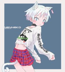 Rule 34 | 1girl, :3, absurdres, animal ears, bad id, bad twitter id, blue background, blue eyes, blue hair, blue skirt, blush, border, cat ears, cat tail, character print, closed mouth, clothes writing, collar, communist flag, cowboy shot, earclip, gishiki (gshk), highres, leaning forward, long sleeves, looking at viewer, looking back, mao zedong, multicolored clothes, multicolored skirt, original, paw pose, plaid, plaid skirt, red skirt, shirt, skirt, smile, solo, spiked collar, spikes, tail, torn clothes, torn shirt, white border, white shirt