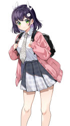 Rule 34 | 1girl, backpack, bag, black bag, blush, bow, closed mouth, green eyes, grey necktie, grey skirt, hair bow, hair ornament, light purple hair, necktie, nishizawa, original, plaid, plaid skirt, purple hair, short hair, simple background, skirt, sleeves past wrists, smile, solo, white background, white bow