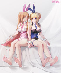 Rule 34 | 2girls, absurdres, alice zuberg, animal ears, asuna (sao), bare arms, bare legs, bare shoulders, barefoot, blue eyes, blue leotard, bow, bowtie, brown eyes, brown hair, covered navel, detached collar, fake animal ears, feet, fingernails, full body, highleg, highleg leotard, highres, holding hands, leotard, long hair, looking at another, multiple girls, ninai, no bra, no panties, no shoes, open mouth, playboy bunny, rabbit ears, rabbit tail, red leotard, side-tie leotard, sitting, soles, strapless, strapless leotard, sword art online, sword art online: alicization, tail, toes, wrist cuffs, yuri