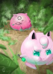 Rule 34 | angry, blue eyes, body writing, burpmon, creatures (company), digimon, closed eyes, forest, game freak, gen 1 pokemon, highres, jigglypuff, leaves, nature, nintendo, pokemon, pokemon (creature), sleeping