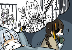 Rule 34 | &gt; o, 5girls, :3, :d, = =, animal ears, anti-rain (girls&#039; frontline), black eyes, blanket, blonde hair, blunt bangs, braid, brown hair, chain, chibi, chinese commentary, closed eyes, closed mouth, club hair ornament, commentary request, cup, dreaming, drooling, eyepatch, girls&#039; frontline, grabbing another&#039;s ear, green hair, grey hair, hand on another&#039;s ear, highres, hk416 (girls&#039; frontline), holding, holding cup, holding weapon, iron bars, jacket, jitome, kemonomimi mode, long hair, long sleeves, looking back, m16a1 (girls&#039; frontline), m4 sopmod ii (girls&#039; frontline), m4a1 (girls&#039; frontline), mug, multicolored hair, multiple girls, o o, one eye closed, open mouth, partially colored, pillow, purple hair, rabbit ears, rabbit tail, red hair, scar, scar across eye, scared, single braid, sleeping, smile, spiked bat, square mouth, st ar-15 (girls&#039; frontline), streaked hair, su xiao jei, sweatdrop, tail, teardrop facial mark, tears, thought bubble, trembling, under covers, very long hair, weapon, wolf ears, wolf tail, | |