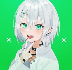 Rule 34 | 1girl, bandaid, bandaid on hand, bandaid on neck, blush, collar, commentary, cross, cross earrings, earrings, fangs, fishnet top, fishnets, green background, green eyes, hair ornament, hairclip, highres, jewelry, long sleeves, looking at viewer, multiple piercings, nail polish, open mouth, original, popped collar, ring, short hair, smile, solo, spiked collar, spikes, symbol-only commentary, upper body, v, wanko (yurika0320), white hair, x hair ornament