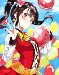 Rule 34 | 1girl, bad id, bad pixiv id, balloon, black hair, blush, bow, bowtie, breasts, closed mouth, floating hair, hair between eyes, highres, long hair, long sleeves, love live!, love live! school idol project, niro (sikabanekurui), pleated skirt, red eyes, red skirt, skirt, small breasts, smile, solo, standing, twintails, white sleeves, yazawa nico, yellow bow, yellow bowtie