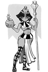 Rule 34 | 1girl, airi (siebe wierdsma), blunt bangs, blunt ends, blush, breasts, closed mouth, commentary, crop top, dark-skinned female, dark skin, egyptian, egyptian clothes, english commentary, facepaint, frown, full body, gladiator sandals, greyscale, highres, holding, holding scepter, inktober, long legs, looking at viewer, midriff, monochrome, navel, no socks, nose, original, outline, pelvic curtain, sandals, scepter, short hair, sidelocks, siebe wierdsma, simple background, sleeveless, solo, standing, striped, toes, usekh collar, vertical stripes, white background