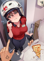 Rule 34 | 1boy, 1girl, absurdres, anger vein, bag, black pants, blush, breasts, brown eyes, brown hair, closed umbrella, commentary request, delivery, doorway, eating, food, food on face, from above, helmet, highres, holding, holding bag, indoors, large breasts, looking away, looking to the side, miracle night day, name tag, open door, original, pants, pizza, pizza box, pov, red shirt, scratching cheek, shirt, short hair, short sleeves, solo focus, standing, umbrella, yomoda yomo