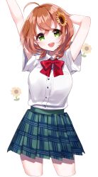 Rule 34 | 1girl, :d, ahoge, arms up, blush, bow, breasts, brown hair, collared shirt, cowboy shot, cropped legs, dress shirt, floral background, flower, green eyes, green skirt, hair between eyes, hair flower, hair ornament, head tilt, highres, honma himawari, long hair, looking at viewer, medium breasts, miniskirt, misumi (macaroni), nijisanji, open mouth, plaid, plaid skirt, pleated skirt, red bow, school uniform, shirt, shirt tucked in, short sleeves, simple background, skirt, smile, solo, standing, sunflower, sunflower hair ornament, teeth, upper teeth only, virtual youtuber, white background, white shirt, wide sleeves, yellow flower