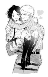Rule 34 | 1boy, 1girl, affectionate, arms around neck, blush, boots, carrying, commentary request, cropped legs, eren yeager, eye contact, furrowed brow, genderswap, genderswap (mtf), greyscale, hair bun, half-closed eyes, heart, jacket, jihecchi, knee boots, korean commentary, long sleeves, looking at another, medium hair, monochrome, open clothes, open jacket, pants, parted bangs, princess carry, reiner braun, scraped knee, shingeki no kyojin, short hair, simple background, single hair bun, smile, standing, suspenders, very short hair