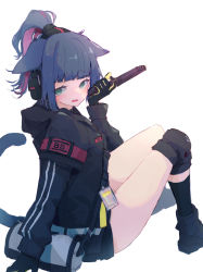 Rule 34 | 1girl, absurdres, animal ears, ankle boots, arknights, black footwear, black gloves, black jacket, blue hair, blunt bangs, boots, cat ears, cat girl, cat tail, crying, crying with eyes open, ear protection, ears down, from behind, gloves, green eyes, gun, highres, holding, holding gun, holding weapon, id card, implied extra ears, jacket, jessica (arknights), knee pads, kneehighs, knees up, long sleeves, looking at viewer, looking back, multicolored hair, open clothes, open jacket, open mouth, purple hair, short hair, short ponytail, shoulder pads, sidelocks, simple background, sitting, socks, solo, tail, tears, thighs, tokorinowa, two-tone gloves, two-tone hair, weapon, white background, yellow gloves