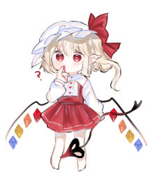 Rule 34 | 1girl, bat wings, blonde hair, blood, blood on face, chibi, crystal, flandre scarlet, hat, hat ribbon, heart, heart-shaped pupils, laevatein (touhou), mob cap, multicolored wings, one side up, puffy short sleeves, puffy sleeves, ramochi, red eyes, red skirt, red vest, ribbon, short sleeves, side ponytail, skirt, skirt set, solo, symbol-shaped pupils, touhou, vest, white background, white hat, wings