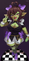Rule 34 | 1girl, :d, absurdres, ahoge, artist name, black shirt, bow, breasts, brown hair, checkered floor, cleavage, cleavage cutout, clothing cutout, colored skin, commentary, cranihum, cucumber, english commentary, goblin, green skin, hair bow, heart, heart ahoge, highres, jewelry, key, large breasts, looking at viewer, medium hair, mole, mole on breast, open mouth, original, podgekinn (vtuber), pointy ears, purple bow, purple footwear, shirt, shoes, short sleeves, shorts, shortstack, simple background, smile, sneakers, standing, thigh strap, v, virtual youtuber, white shorts, wrist cuffs