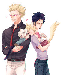 Rule 34 | 4boys, absurdres, aged down, animal ears, belt, black hair, blonde hair, carrying, cat boy, cat ears, cat tail, cheese neko3, denim, donquixote doflamingo, dual persona, eye contact, facial hair, goatee, hat, heart, height difference, highres, jeans, looking at another, male focus, multiple boys, necktie, noses touching, one piece, pants, shirt, short hair, short sleeves, sunglasses, tail, trafalgar law, yaoi, yellow eyes