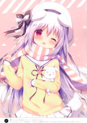 Rule 34 | 1girl, ;d, absurdres, animal ears, anniversary, artist name, black bow, blush, bow, circle name, dog ears, dog girl, dog tail, hair between eyes, hair bow, head tilt, highres, long hair, looking at viewer, multicolored clothes, multicolored scarf, one eye closed, open mouth, original, pleated skirt, red eyes, scan, scarf, shiratama (shiratamaco), shiroi inu, simple background, skirt, smile, solo, striped clothes, striped scarf, stuffed animal, stuffed toy, tail, white bow, white hair