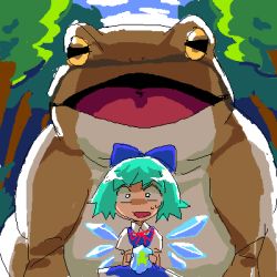 Rule 34 | 1girl, 8bit, animal, bad id, bad pixiv id, blue hair, bohemian archive in japanese red, cirno, female focus, frog, hachi (8bit canvas), lowres, oekaki, oogama, oversized animal, ribbon, solo, touhou, wings, you gonna get raped