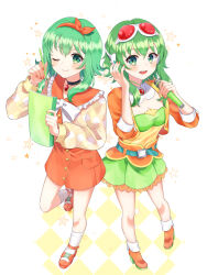 Rule 34 | 2girls, absurdres, argyle cardigan, argyle clothes, belt, blush, boots, breasts, brooch, cardigan, choker, cleavage, cropped jacket, dress, dual persona, frilled shirt collar, frills, goggles, goggles on head, green eyes, green hair, gumi, hairband, hand on headphones, headphones, high heels, highres, holding, holding microphone, holding notebook, holding pencil, jewelry, long sleeves, looking at viewer, microphone, multiple girls, nail polish, notebook, one eye closed, open mouth, pencil, rooibos, short hair with long locks, skirt, small breasts, smile, standing, standing on one leg, star (symbol), strapless, tube top, vocaloid