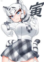 Rule 34 | 1girl, animal ears, black hair, blue eyes, blush, breast pocket, breasts, closed mouth, elbow gloves, extra ears, gloves, highres, k-iv, kemono friends, large breasts, multicolored hair, necktie, plaid necktie, plaid sleeves, plaid trim, pocket, simple background, skirt, tail, tiger ears, tiger girl, tiger tail, two-tone hair, white background, white gloves, white hair, white tiger (kemono friends), white tiger print