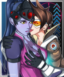 Rule 34 | 2girls, grabbing another&#039;s breast, breasts, colored skin, goggles, grabbing, groping, licking, multiple girls, nipples, one breast out, overwatch, overwatch 1, purple skin, ticktank, tracer (overwatch), widowmaker (overwatch), yuri