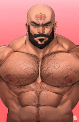 Rule 34 | 1boy, abs, absurdres, avatar: the last airbender, avatar legends, bald, bara, beard, combustion man (avatar), doctor anfelo, facial hair, facial mark, forehead mark, full beard, gradient background, hairy, highres, large areolae, large pectorals, looking at viewer, male focus, mature male, muscular, muscular male, navel, navel hair, nipples, pectorals, pink background, solo, sparse navel hair, stomach, straight-on, strongman waist, thick beard, thick chest hair, thick eyebrows, upper body