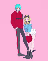 Rule 34 | 1boy, 1girl, :d, bag, black footwear, black pants, blonde hair, blue shirt, boots, closed mouth, drawstring, full body, hand in pocket, high heel boots, high heels, highres, holding, holding bag, hood, hoodie, king of prism, leaning forward, long hair, long sleeves, looking at viewer, nyaasechan, open mouth, pants, pink background, pretty rhythm, pretty series, purple eyes, red hoodie, shirt, shoes, short hair, shorts, simple background, smile, standing, takadanobaba jouji, takanashi otoha, white shorts, yellow eyes
